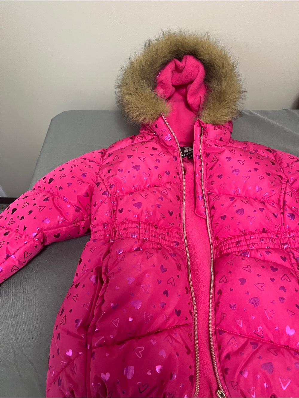 Rothschild Hot Pink Heart-Print Puffer Coat with Faux Fur Hood